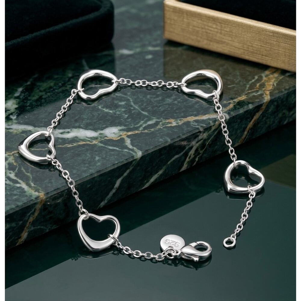 925 Stamped Silver Open Heart Link Chain Bracelet for Women - 20cm